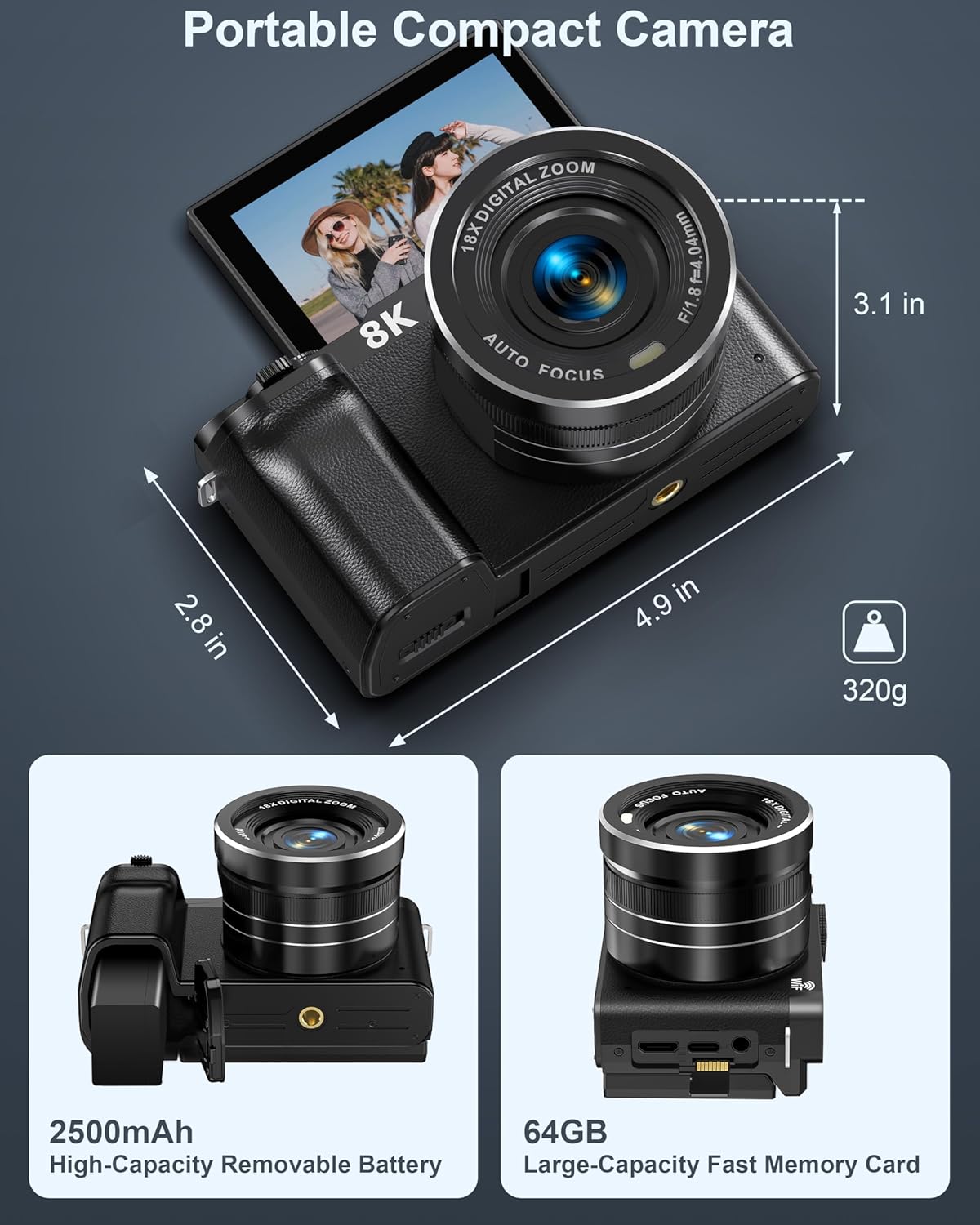 8K Digital Camera, 88MP Cameras for Photography, WiFi Vlogging Camera for YouTube with 3" 180° Flip Screen, 18X Zoom UHD Autofocus Video Camara with Lens Hood, 64GB Card