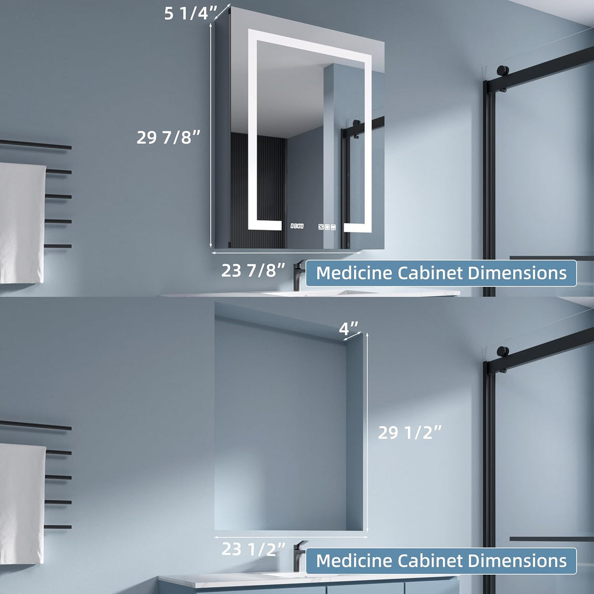 LED Medicine Cabinet Mirror, 24x30 Inch Bathroom Storage, Recessed/Wall Mount, Plug-in/Hardwired, 3 Color Dimmable Light, Anti-Fog, Time Temp Display, Left Hinge