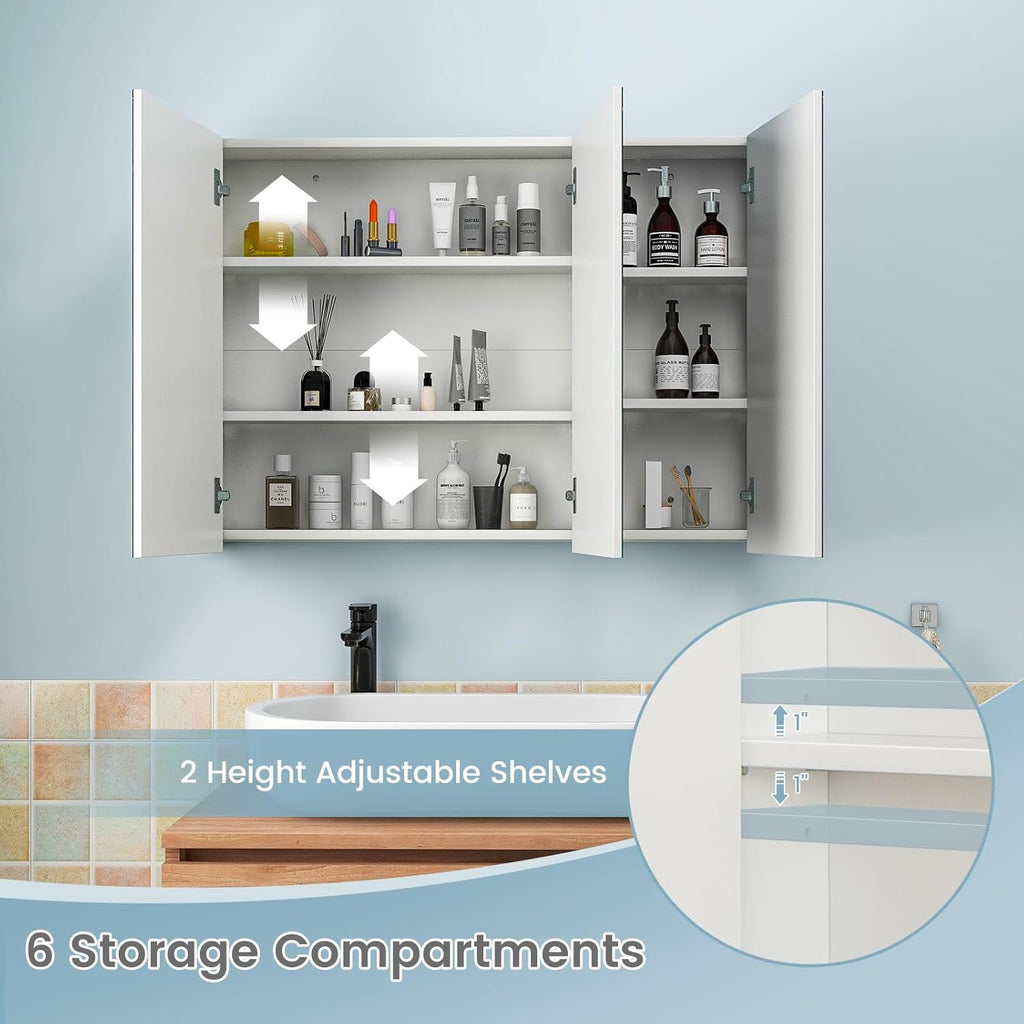 Tangkula Medicine Cabinet with Mirror, Frameless Bathroom Wall Mounted Cabinet with 3 Doors and Adjustable Shelves, Storage, Recess or Surface Mount Installation