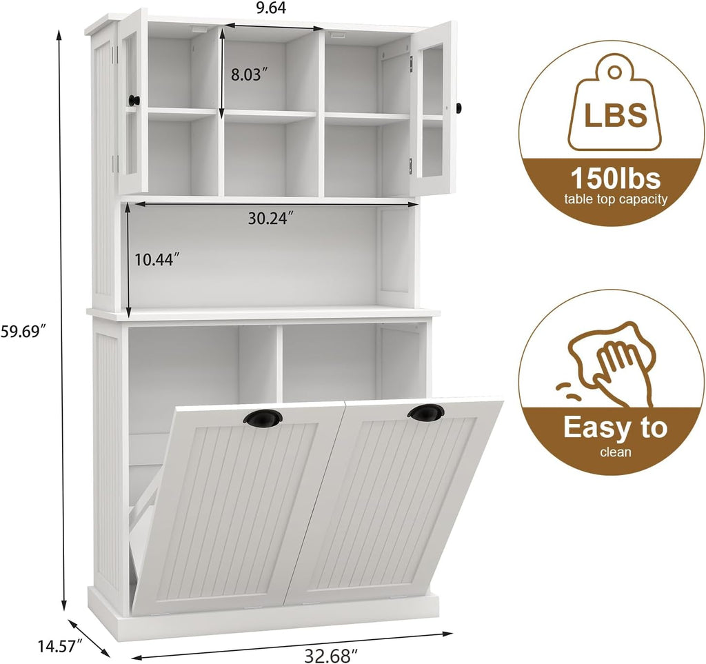 Tilt-Out Laundry Hamper Cabinet with Glass Doors – 60” Tall Bathroom Storage Organizer, 2 Pull-Out Baskets, Adjustable Shelves, Fits Bathroom & Balcony (White)