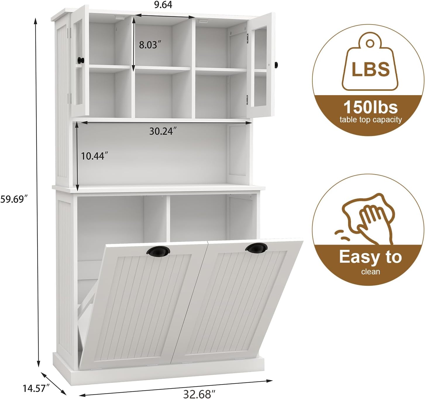 Tilt-Out Laundry Hamper Cabinet with Glass Doors – 60” Tall Bathroom Storage Organizer, 2 Pull-Out Baskets, Adjustable Shelves, Fits Bathroom & Balcony (White)