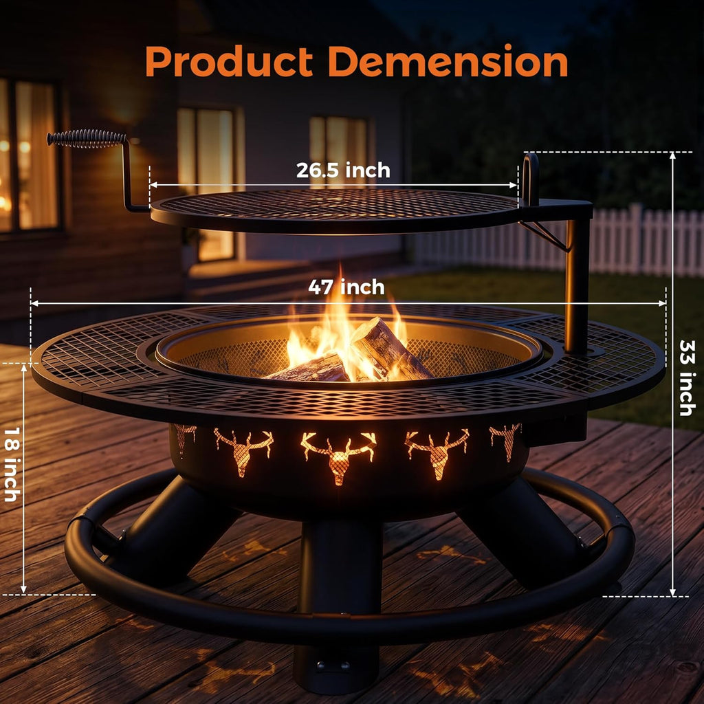 BALI OUTDOORS Fire Pit with Poker, Outdoor Fire Pit Extra Large, Wood Burning Firepits for Outside with Grill, 47 inch