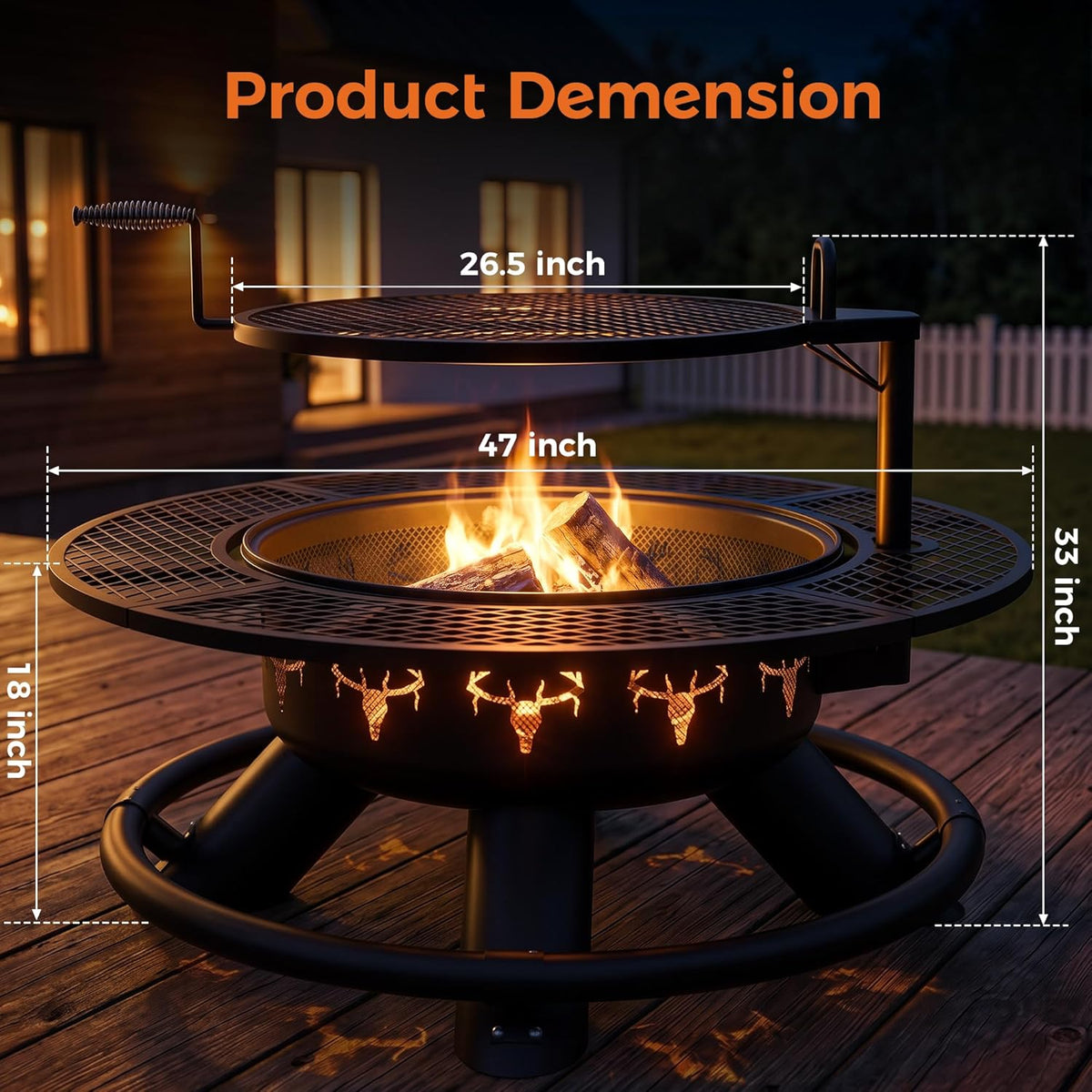BALI OUTDOORS Fire Pit with Poker, Outdoor Fire Pit Extra Large, Wood Burning Firepits for Outside with Grill, 47 inch