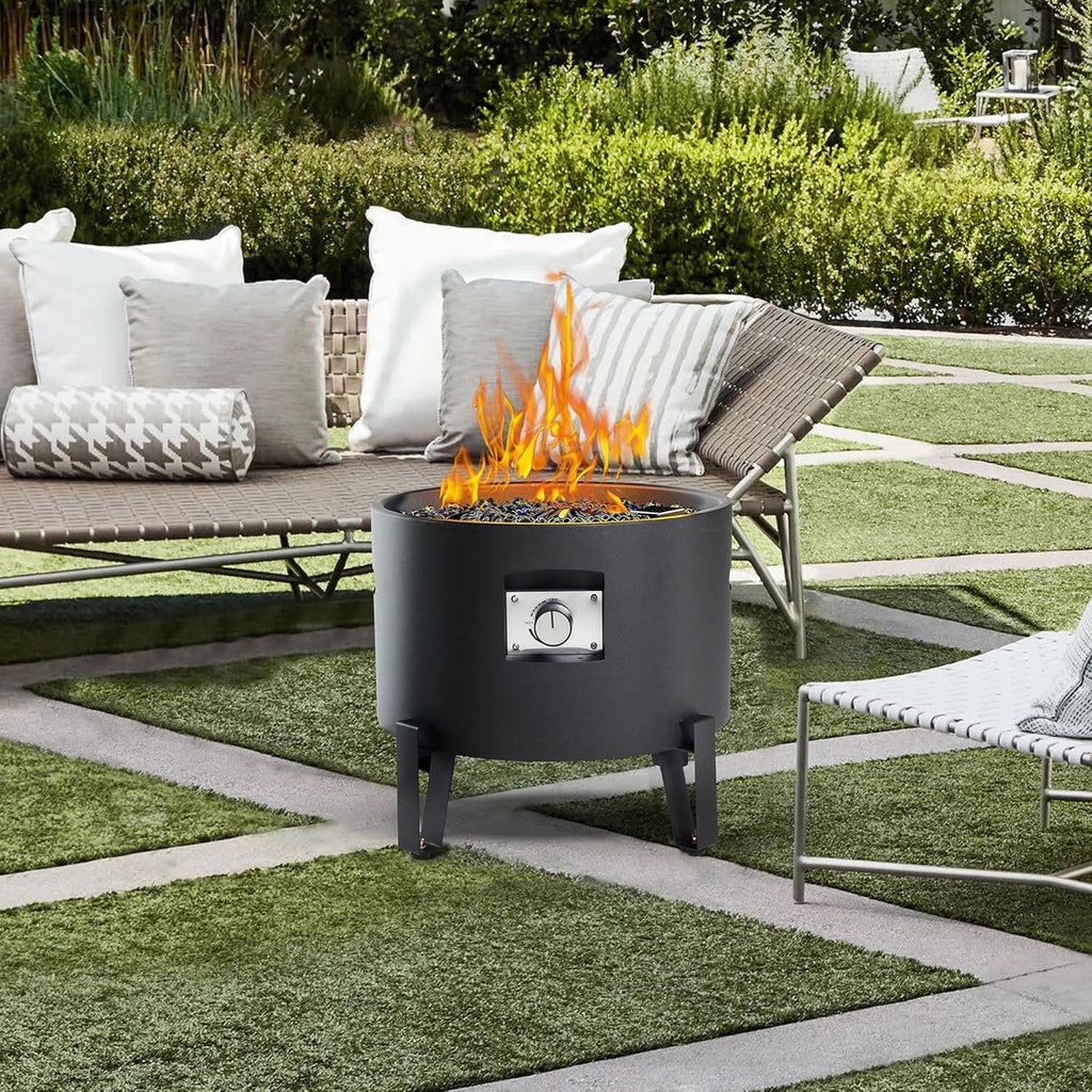 BAIDE HOME Portable Propane Fire Pit for Camping RV 50,000 BTU Round 15'' H x 16'' W Portable Gas Firepit W/Lid, Glass Rocks & Weather Resistant for Outdoors, Propane Extension Hose, Black