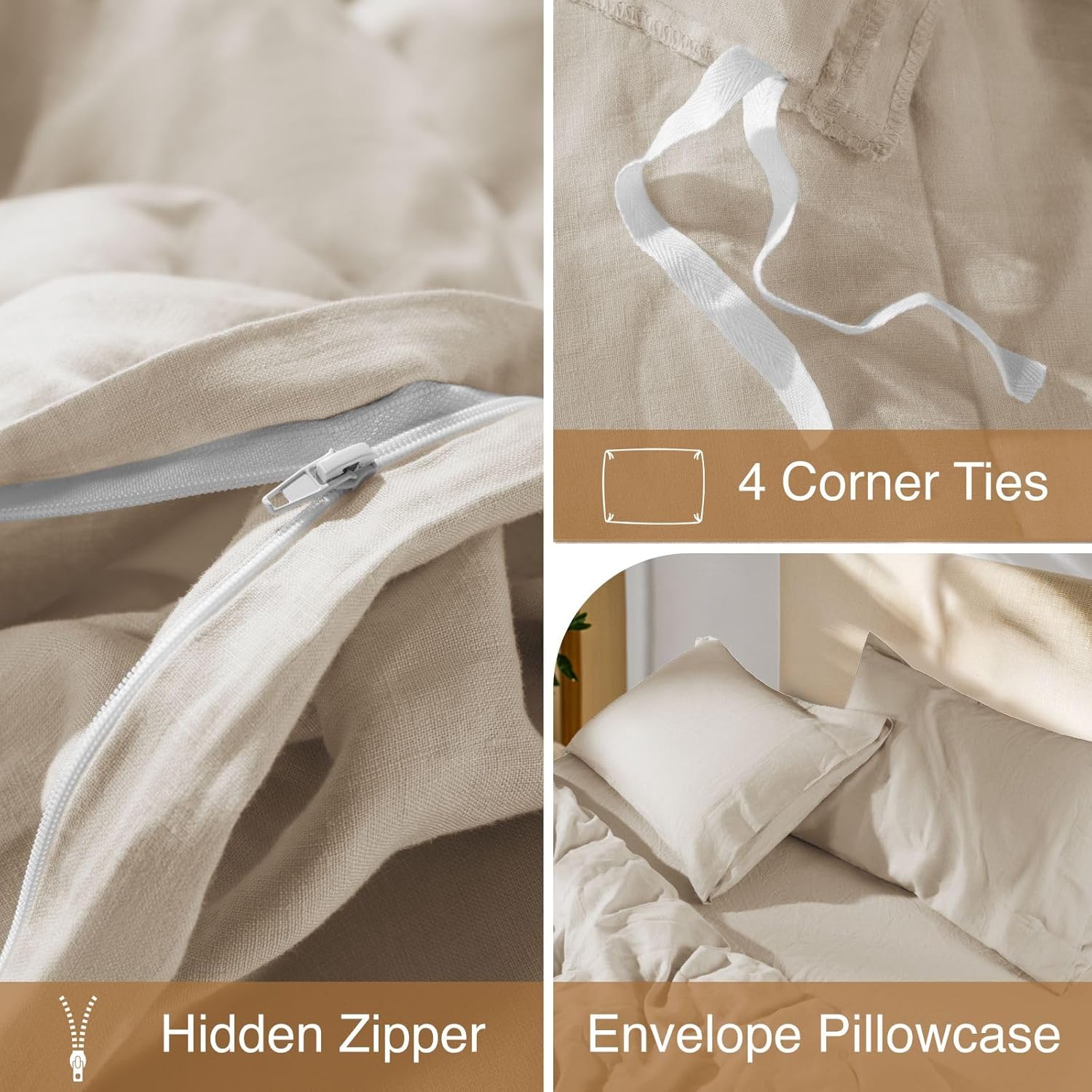SONORO KATE 100% French Linen Duvet Cover Queen Size, Soft Breathable for Hot Sleepers, Moisture Wicking & Durable Cover Set - Zipper Closure & 4 Corner Ties Duvet Covers 3 Piece (Linen,Queen)