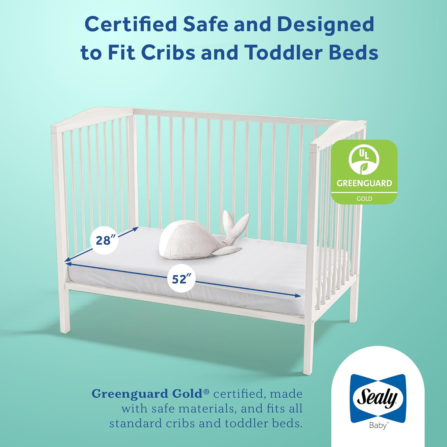 Sealy Baby Cotton Cozy Rest Breathable 2 Stage Waterproof Crib Mattress plus Toddler Bed Fit, 204 Coils & Soft Coton Cover, GREENGUARD Gold Certified, Safety & Quality Tested, Made in USA, 52"X28"