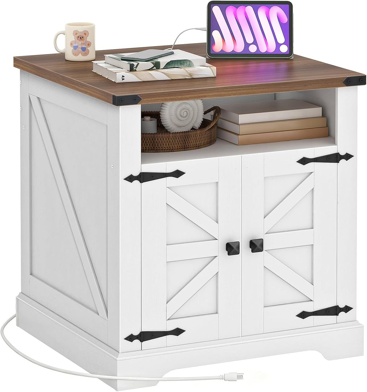 HOOBRO Farmhouse End Tables Set of 2 with Charging Station, 23.6" Large End Table for Living Room, Sofa Side Table with Barn Door, Wooden Square Nightstand Bedside Table, White and Walnut WH601UBZP201
