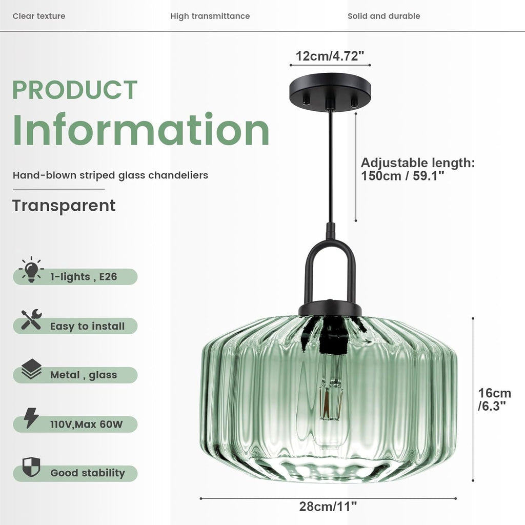 Modern Hanging Lights Light Green Pendant Light Fixtures Mid Century Large Glass Pendant Lights 11" Striped Glass Shade Black Schoolhouse Ceiling Light Fixture Kitchen Hanging Lamp