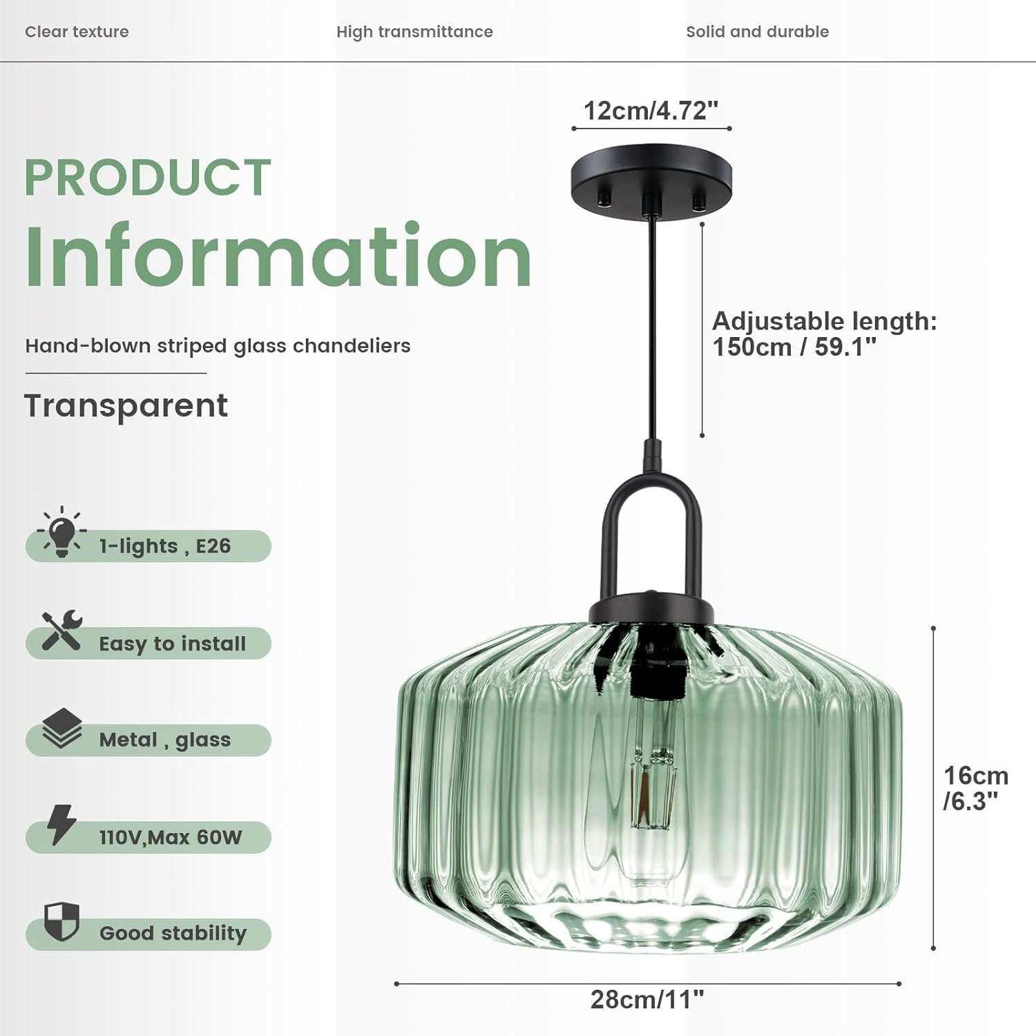 Modern Hanging Lights Light Green Pendant Light Fixtures Mid Century Large Glass Pendant Lights 11" Striped Glass Shade Black Schoolhouse Ceiling Light Fixture Kitchen Hanging Lamp