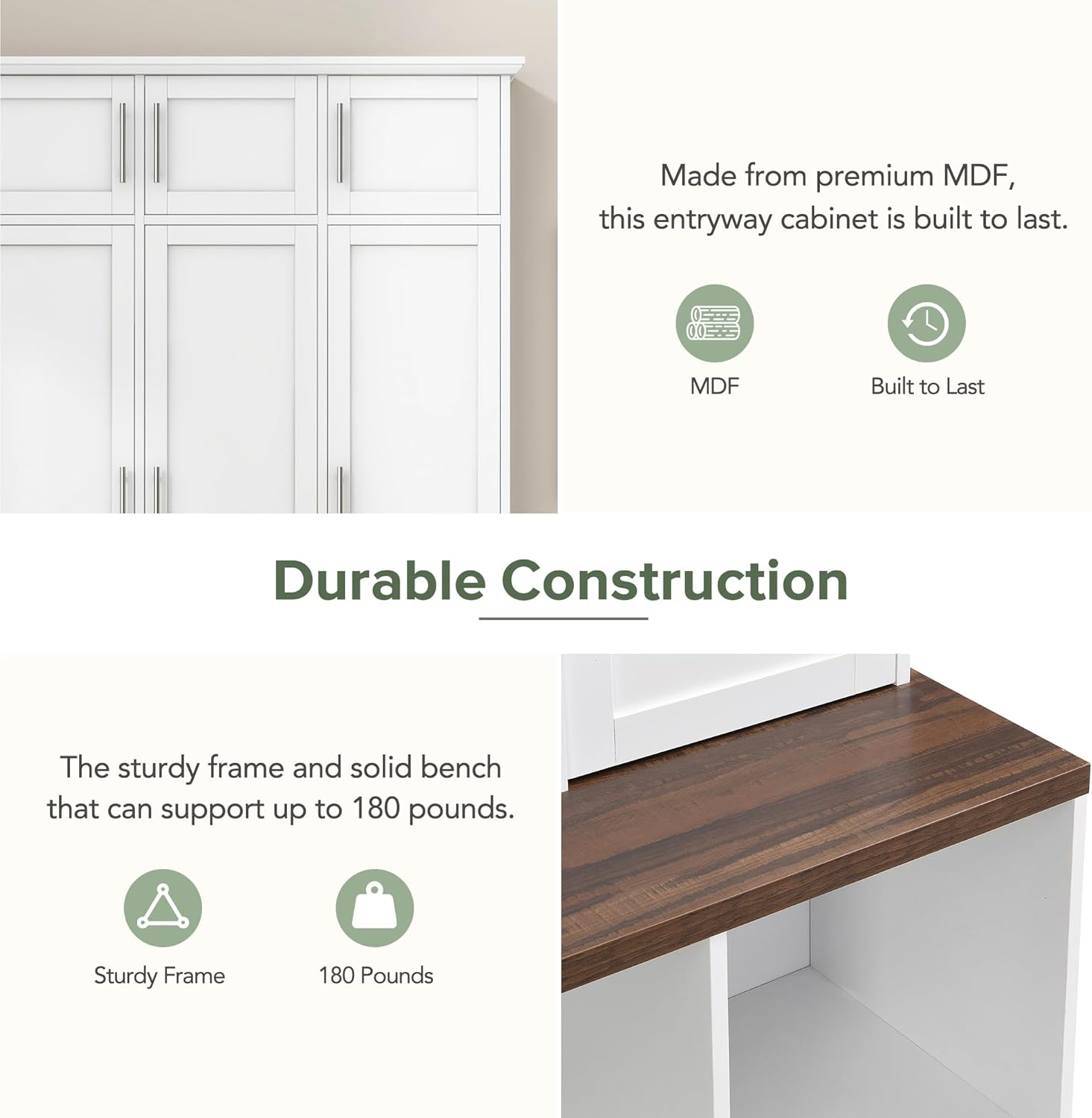 Versatile Hall Tree with 4 Hanging Hooks and Brown Wood Grain Bench,Entryway Cabinet with Open Compartments,for Hallway Entrance Mudroom Living Room (White#Storage)