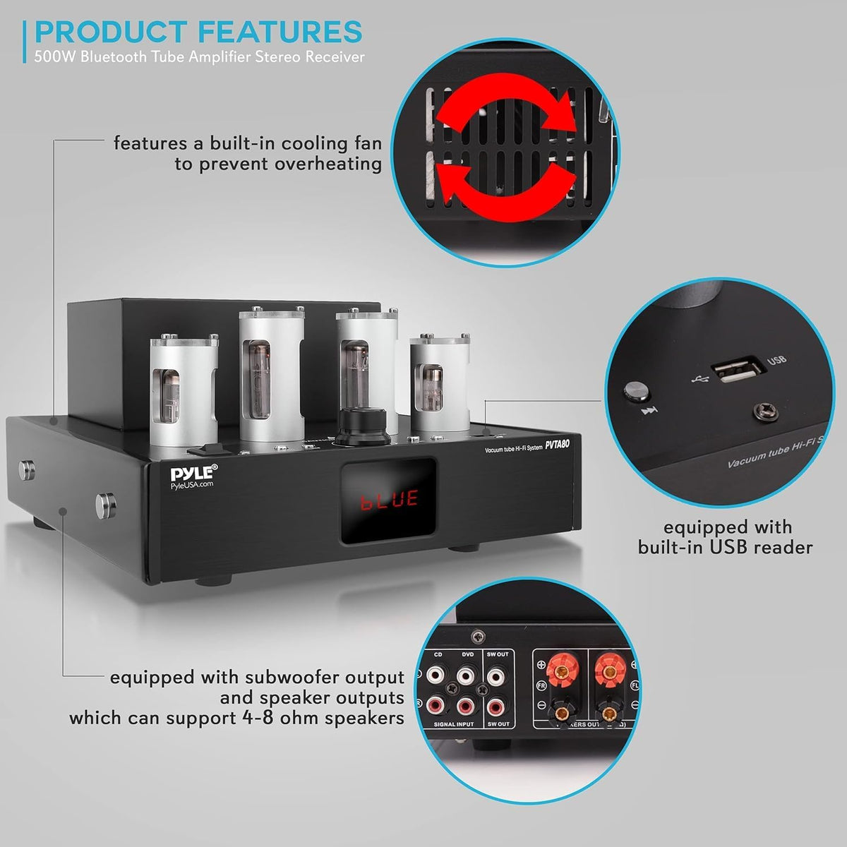 Pyle Bluetooth Tube Amplifier Receiver - 500W Home Theater Audio Desktop Stereo Vacuum Tube Hi-Fi Power Amplifier Receiver w/ 4 Vacuum Tubes, USB Reader, CD/DVD Input, Subwoofer Output