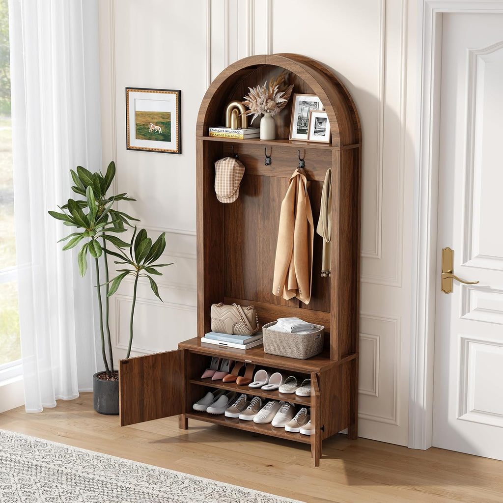 Hall Tree with Bench and Shoe Storage, 4-in-1 Mudroom Entryway Coat Rack & Shoe Storage Cabinet with 4 Hooks, Farmhouse Style Furniture Organizer for Hallway, Foyer, Walnut