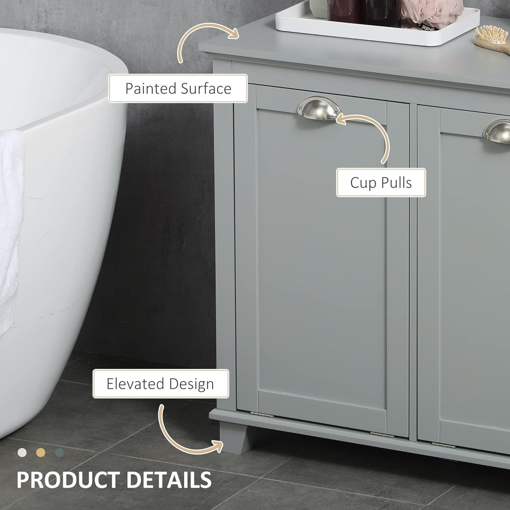 HOMCOM Dual Tilt Out Laundry Hamper Cabinet, Bathroom Storage Cabinet with 2-Compartment Hamper, Modern Bathroom Floor Cabinet for Washroom, Gray