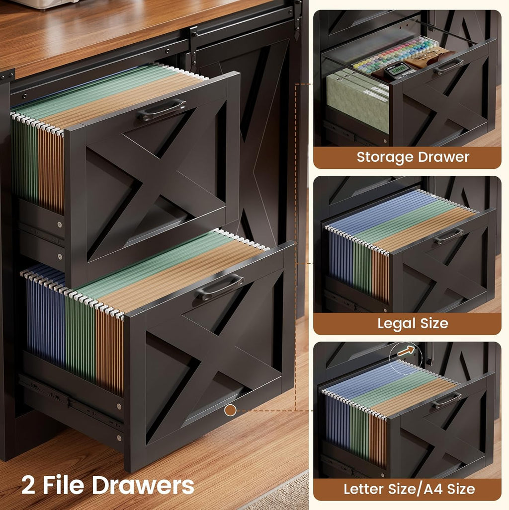 SEDETA 2 Drawer Filing Cabinet, Farmhouse File Cabinet for Home Office fits Legal/Letter/A4 File, Office File Cabinets with Printer Stand, Sliding Bar Door and Storage Bookshelf, Black + Brown