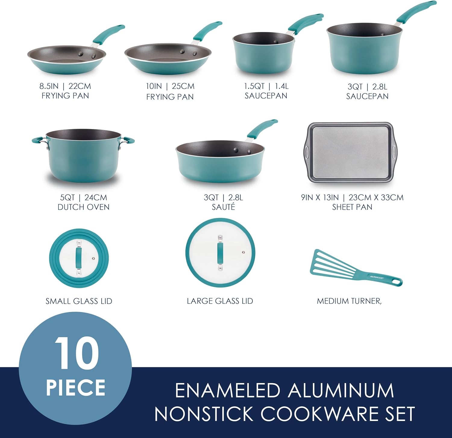 Rachael Ray Cook + Create Nonstick Cookware/Pots and Pan Set, 10 Piece, Agave Blue