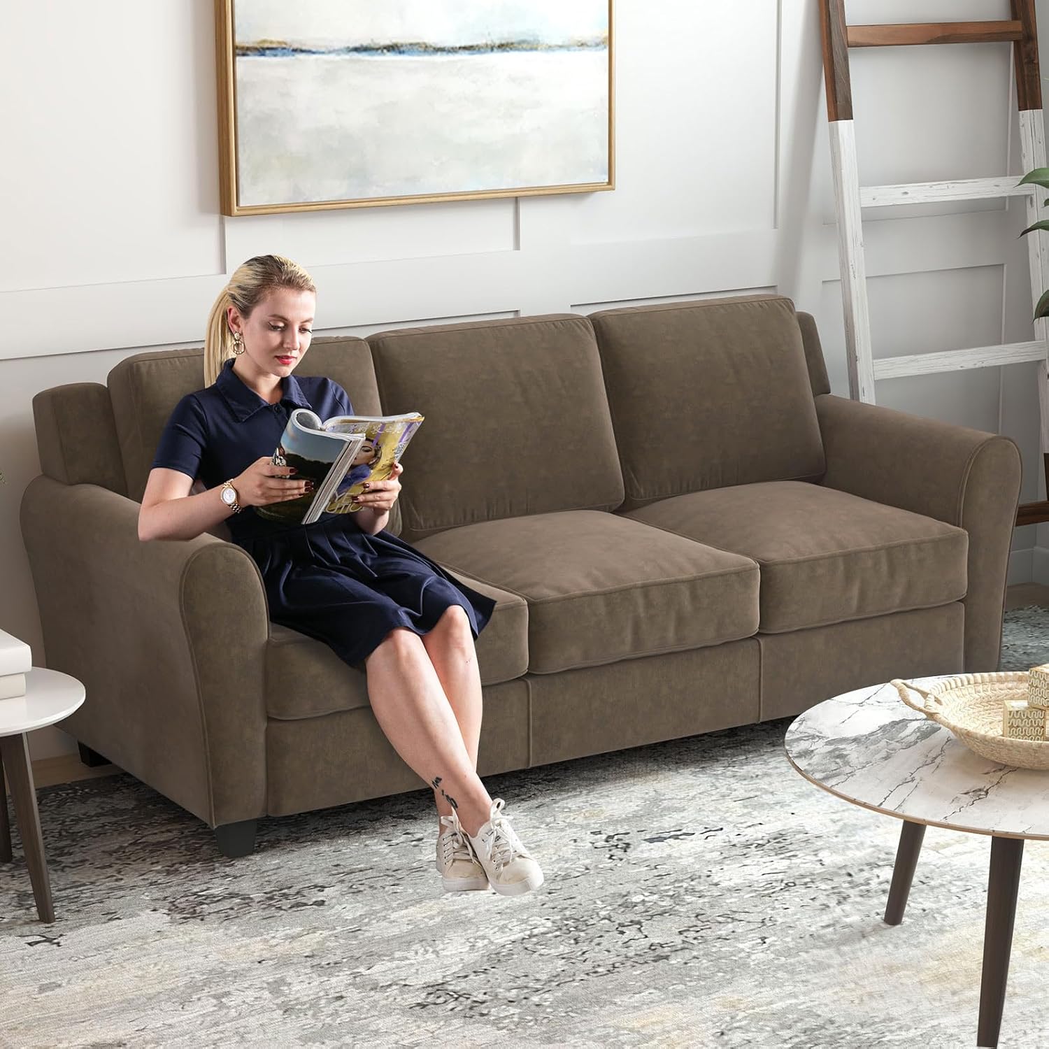 Bonzy Home 2 Piece Sofa Set, 3-Seater Sofa Couch Set of 2, Modern Comfy Sofa with Thick Cushion for Living Room Apartment Office, Brown