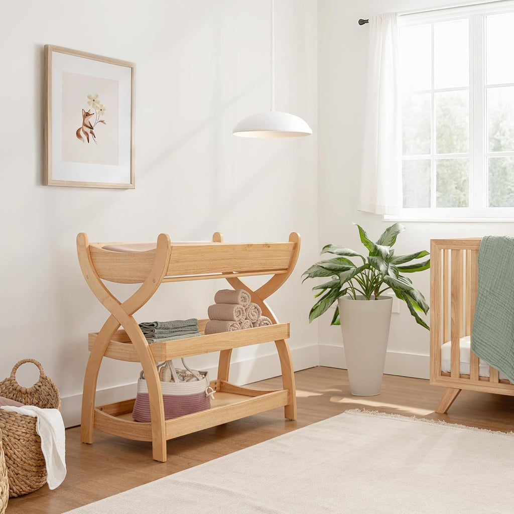 Comfy Cubs Baby Changing Table - Sturdy Wood Construction, Timeless Look Baby Change Table with Two Open Shelves for Infant Daycare Essentials Storage - Natural Wood