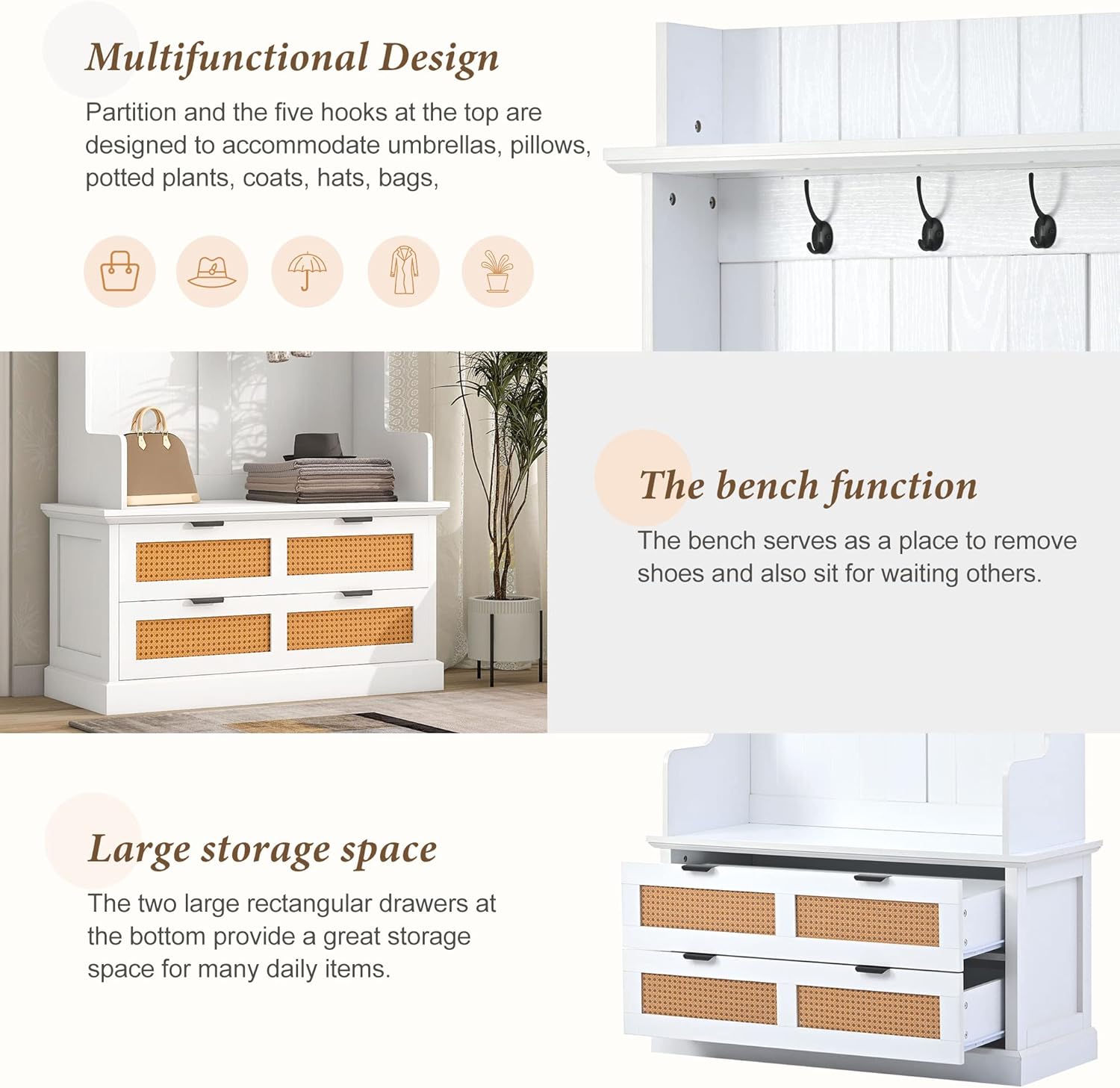 RUNNA Wooden Hall Tree with 5 Metal Hooks and 2 Large Drawers,Organizer with Bench,Top Shelves and Metal Handles,For Hallway Entryway Mudroom Use (White@Hooks)