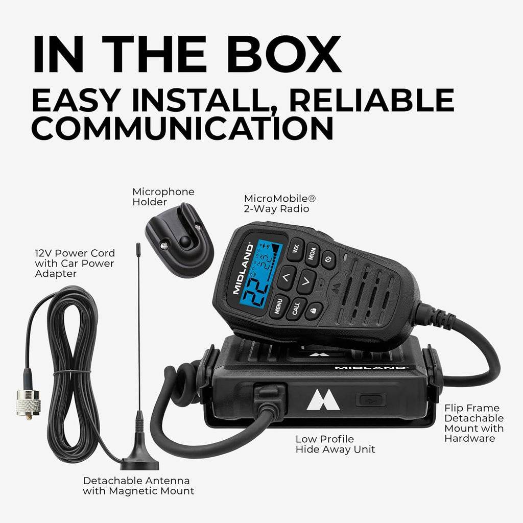 Midland - MXT275 MicroMobile GMRS Radio - 15 watts Two-Way Radio with Integrated Control Microphone - Overland Caravanning Tractors - Detachable External Magnetic Mount Antenna - 8 Repeater Channels