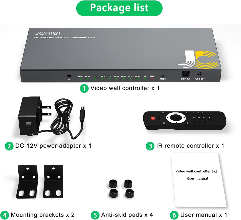 Video Wall Controller 3x3,JCHICI TV Wall Processor,4K x 2K HD Display,180 Degree Rotate,10 Splicing Modes,Input 4K and Output 1080P, Streaming Media Video Device