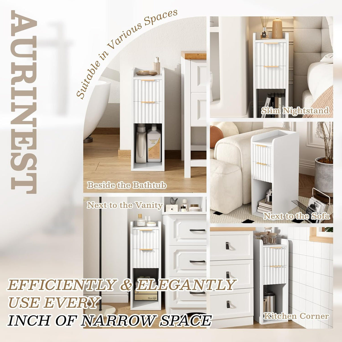 Narrow Nightstand Set of 2, 7.9" Wood Nightstands w/Fluted 2 Drawer, Slim Bed Side End Table Small Spaces Modern Skinny Wooden Night Stand for Bedroom, Living Room, White