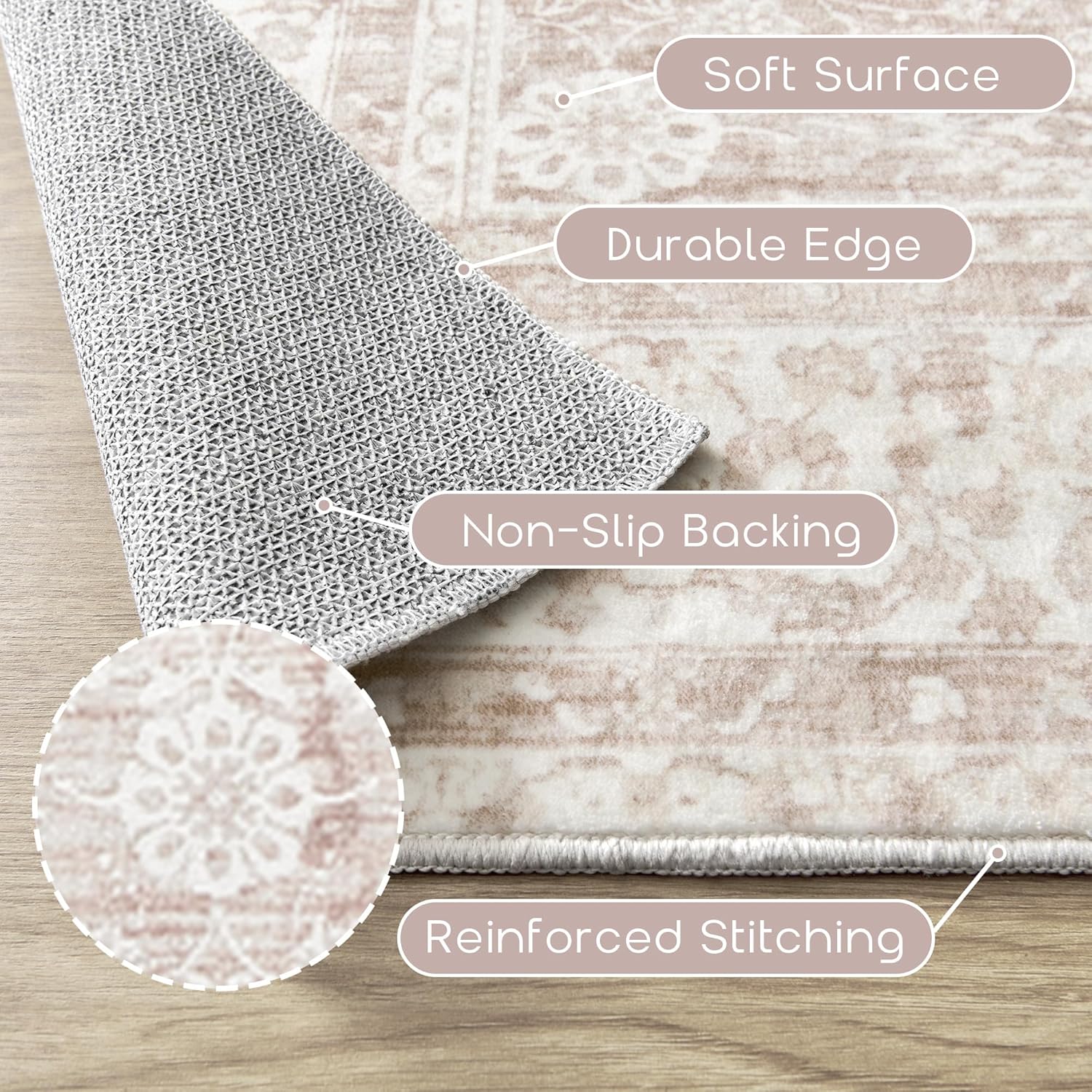 Pink Area Rug for Living Room Low Pile Soft 8 x 10 Carpet with Non Slip Washable Neutral Boho Floral Rugs for Hardwood Floor Protector Extra Large Area Rugs 8x10 for Big Nursery Bedroom Livingroom