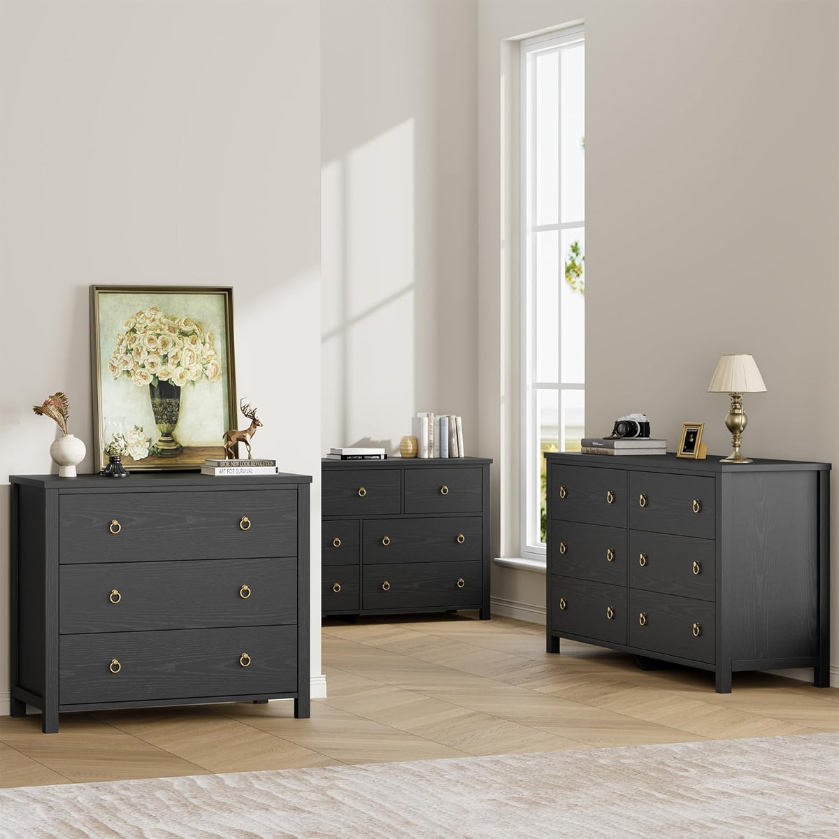 IDEALHOUSE 3 Drawer Dresser for Bedroom, 29" Tall Chest of Drawers, Wood Dresser for Closet, Clothes Storage Cabinet & Drawer Organizer for Living Room, Hallway, Entryway, Black