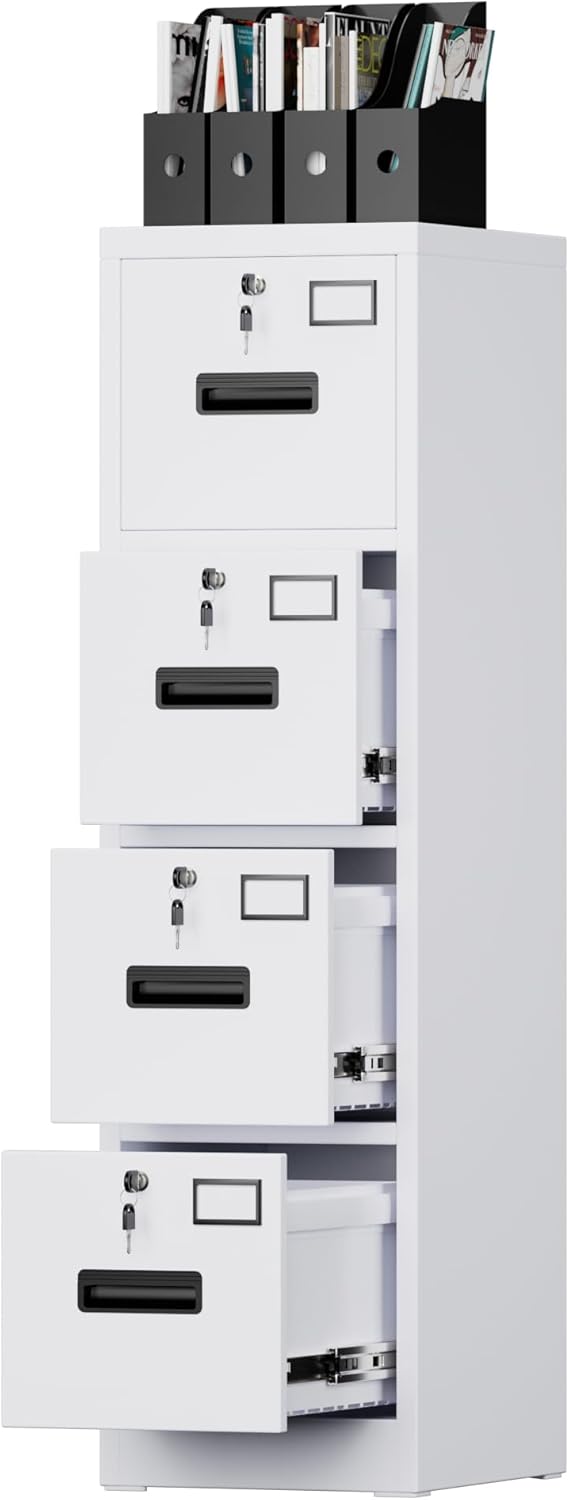 4 Drawer File Cabinet with Lock,White Metal Filing Cabinet for Home Office,Vertical Steel Storage Cabinet with Keys for Letter/A4 Size,14.96" W x 17.72" D x 55.2" H,Assembly Required