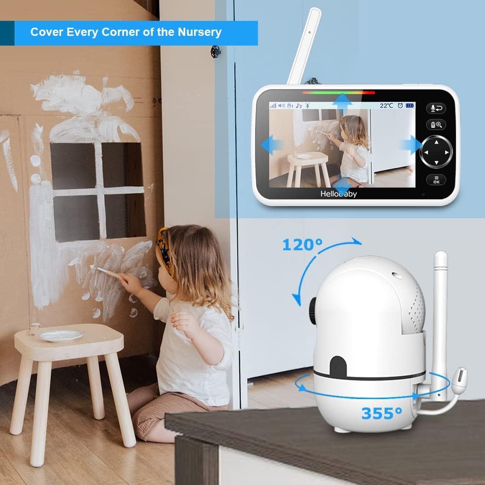 HelloBaby HB6550 5" Baby Monitor 3 Cameras, 26-Hour Battery, Pan-Tilt-Zoom,1000ft Range Video Audio Baby Monitor No WiFi, ECO, Night Vision, 2-Way Talk, 8 Lullabies and Temperature, Ideal Gifts