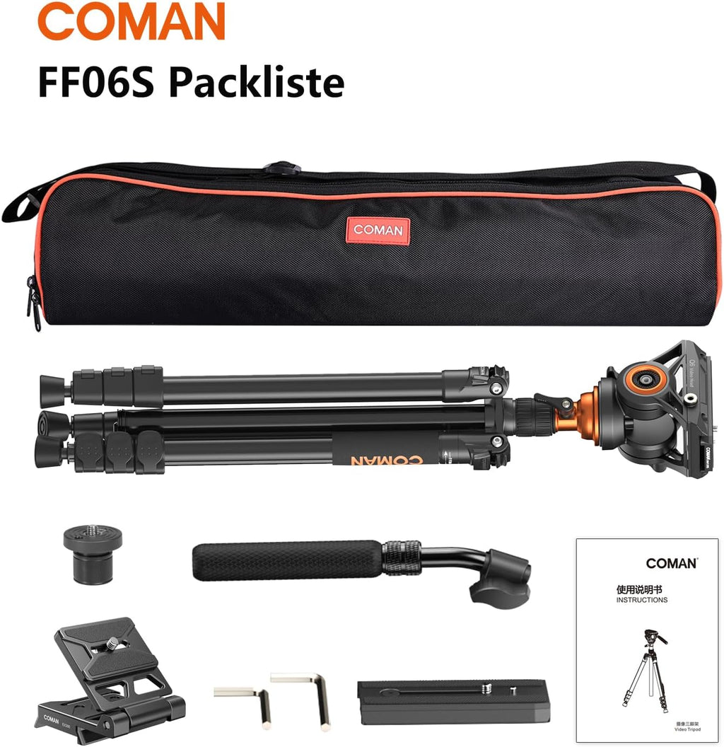 COMAN Camera Tripod with Fluid Head, Lightweight Compact Tripod for Camera with Detachable Monopod Aluminium Alloy and QR Plate for DJI Canon Nikon Sony DSLR Camera 70.8“ Max Load 22.04lb(FF06S)