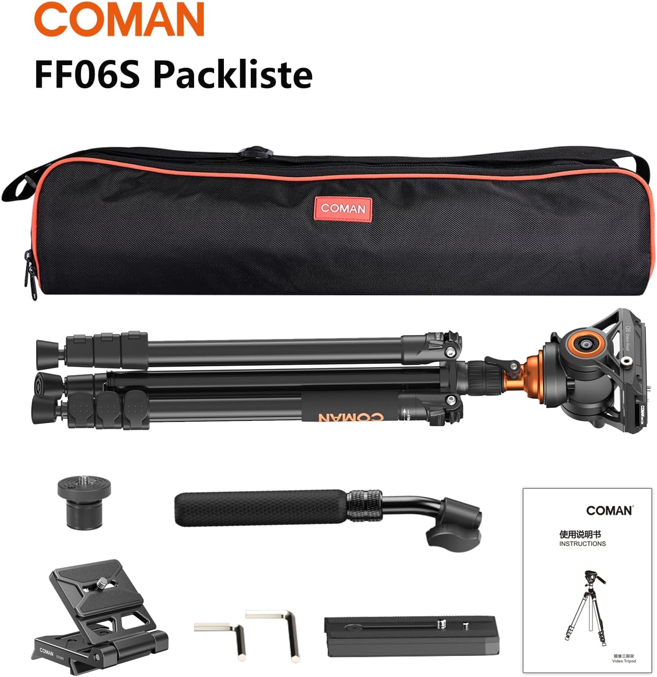 COMAN Camera Tripod with Fluid Head, Lightweight Compact Tripod for Camera with Detachable Monopod Aluminium Alloy and QR Plate for DJI Canon Nikon Sony DSLR Camera 70.8“ Max Load 22.04lb(FF06S)