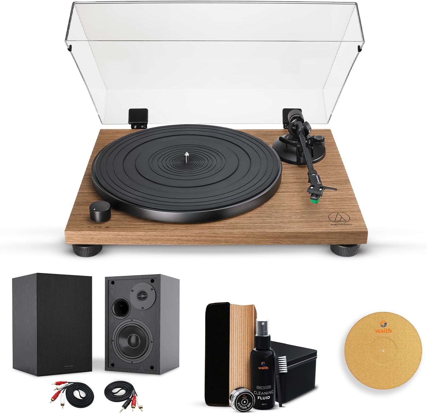 Audio-Technica AT-LPW40WN Fully Manual Belt-Drive Stereo Turntable (Walnut) with 4 Inch Powered Bookshelf Speakers (Pair), Premium Vinyl Record Cleaning Kit and Cork Turntable Platter Mat - Bundle Set