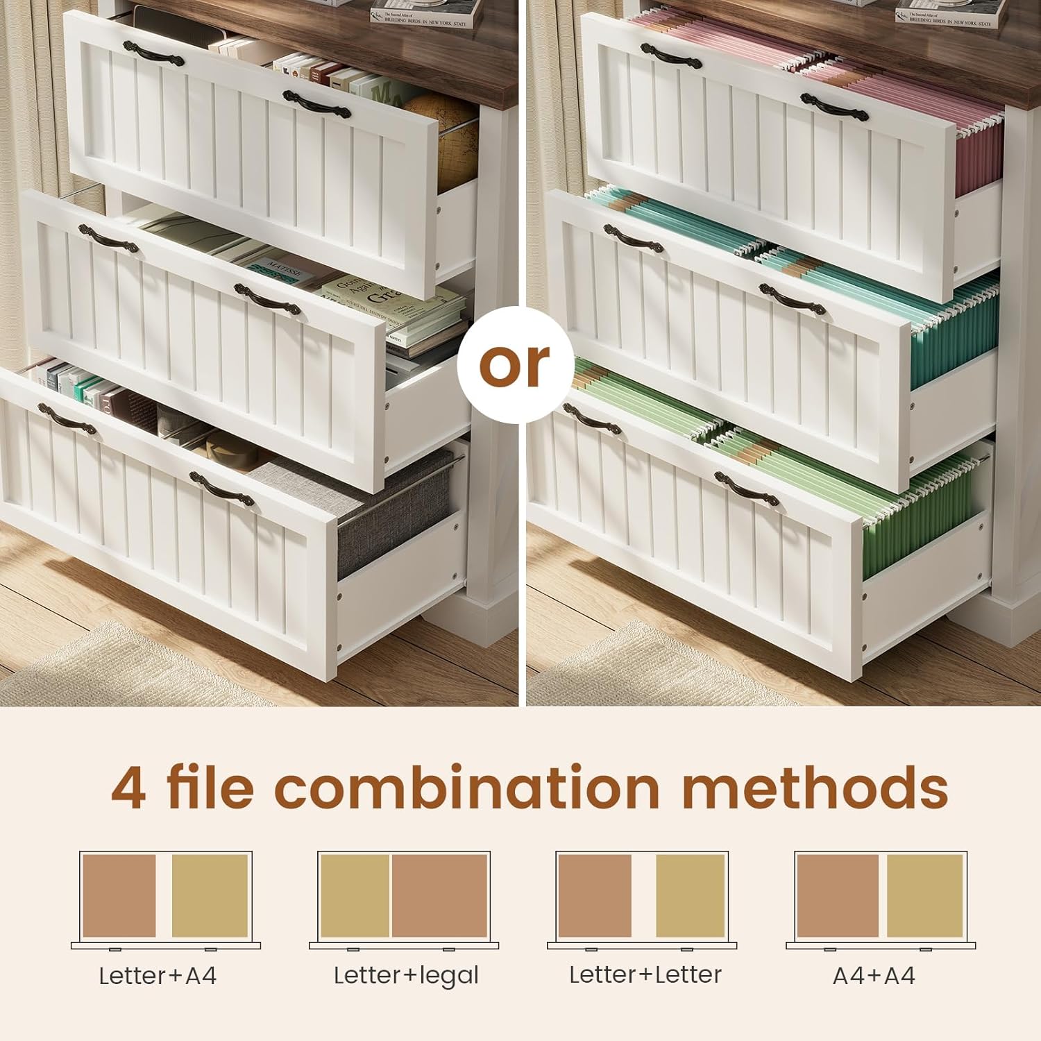 SEDETA 3 Drawer File Cabinet, Farmhouse Filing Cabinet for Home Office, Wood Office File Cabinets for Letter/Legal/A4 Size, Lateral File Cabinets with Printer Stand, White + Brown