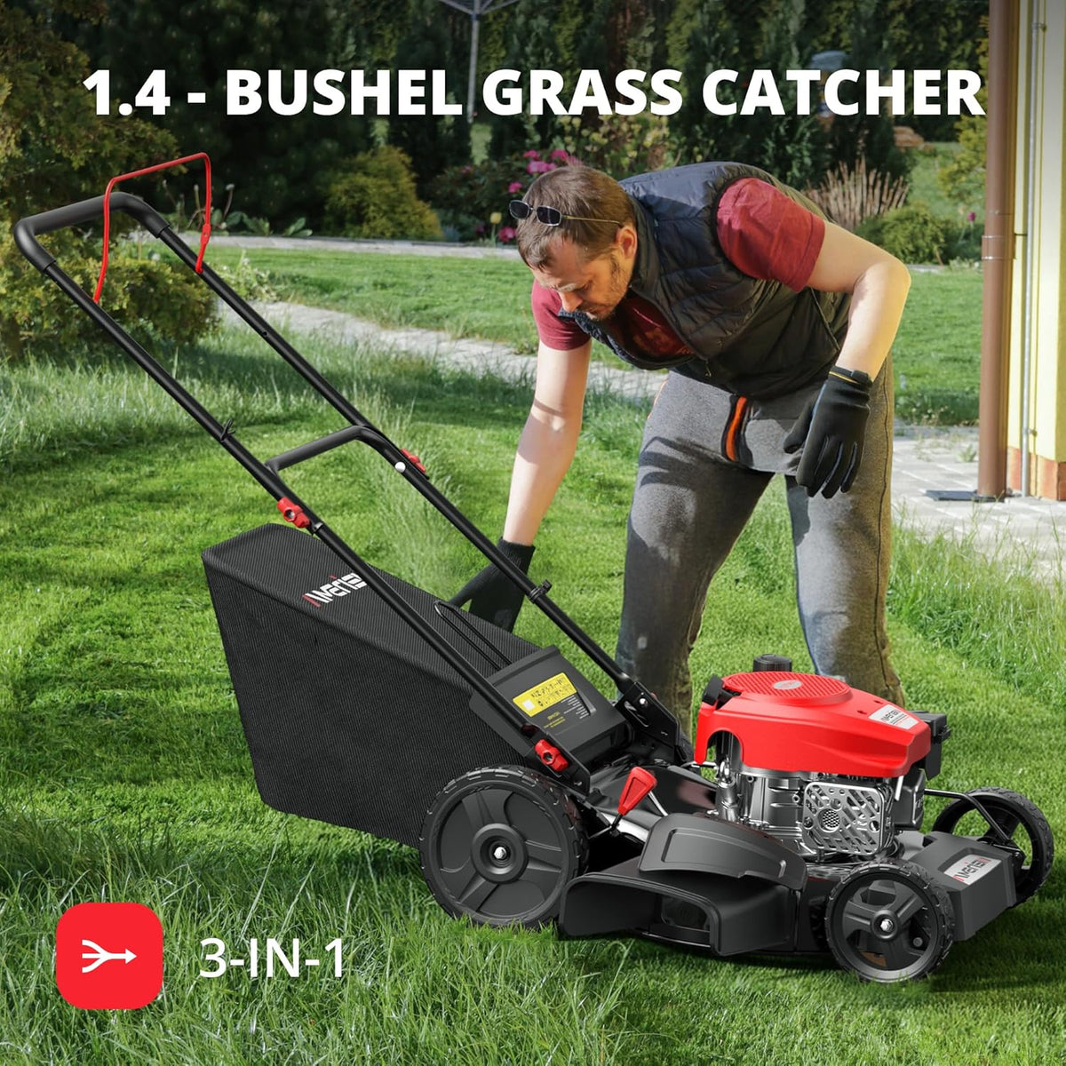 AMERISUN 21-Inch 3IN1 Push Gas Lawn Mower with Mulching, Bagging & Side Discharge, 144cc 4-Stroke OHV Engine, Adjustable 6-Height Cutting, 1.4 Bushel Grass Catcher, Residential Yard & Garden Use