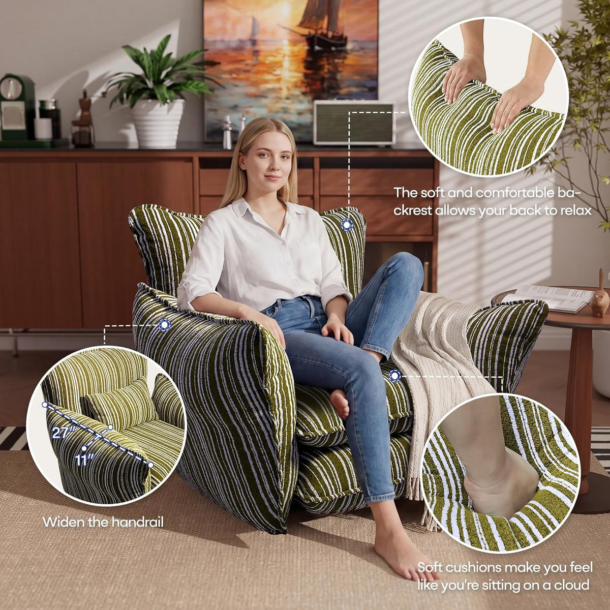 Chenille Accent Chair with Lumbar Pillow, Green Stripe, Wide Armrests, Deep Seat, 7 Inch High-Density Foam, 350 lbs Capacity