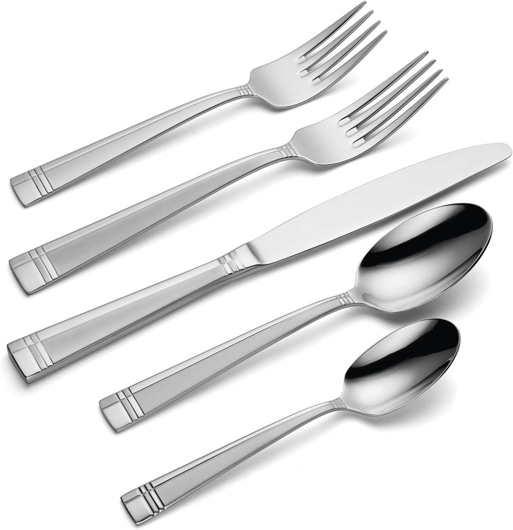 Oneida Silverware Set, Amsterdam 45-Piece Everyday Flatware Set, Service For 8, 18/0 Stainless Steel, Rust Resistant, Dishwasher Safe, Knives Spoons And Forks Set, Home And Kitchen (Silver, 45 Piece)