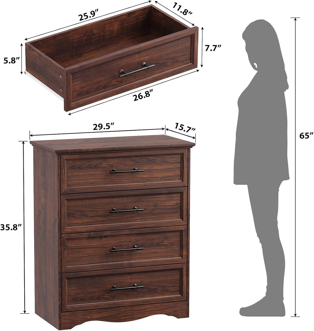 Walnut Dresser for Bedroom, Farmhouse 36" Tall 4 Drawer Chest with Sleek Brushed Metal Handles, Modern Wood Storage Cabinet with Unique Base Design, Closet Organizer for Bedroom, Living Room, Hallway