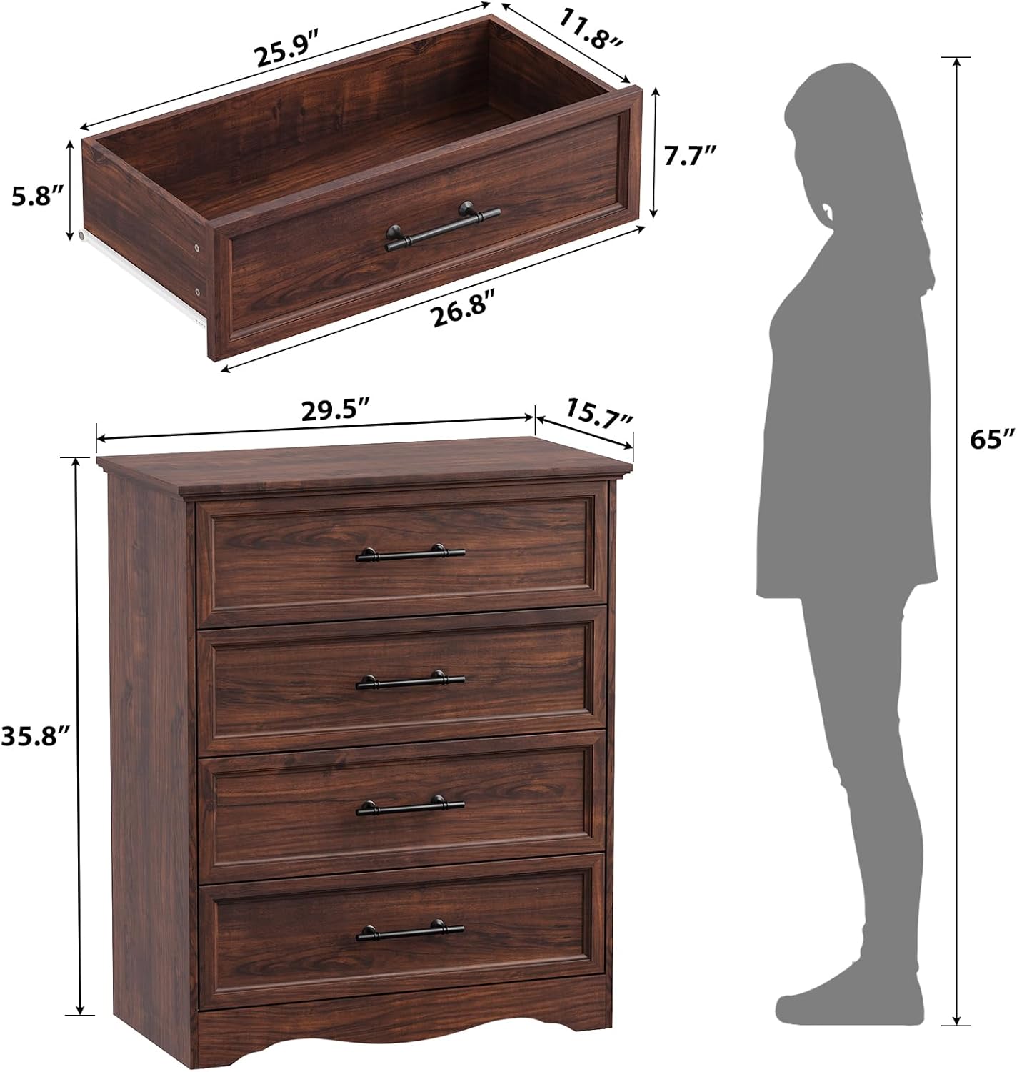 Walnut Dresser for Bedroom, Farmhouse 36" Tall 4 Drawer Chest with Sleek Brushed Metal Handles, Modern Wood Storage Cabinet with Unique Base Design, Closet Organizer for Bedroom, Living Room, Hallway