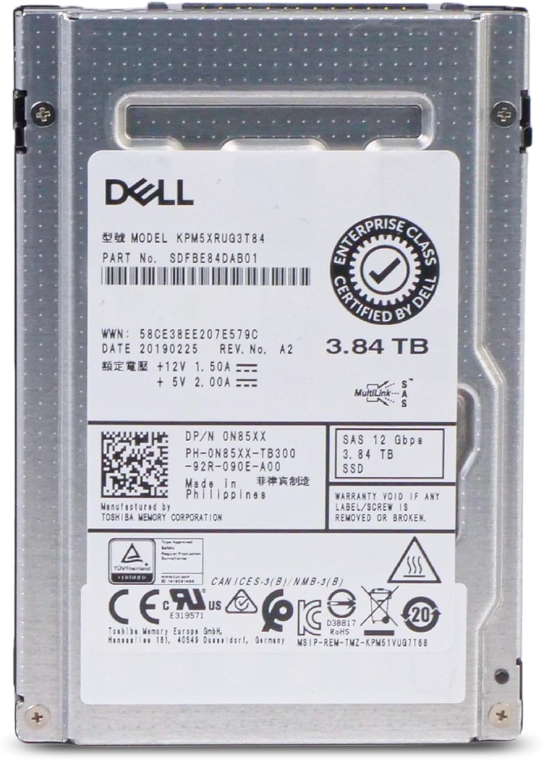 Dell/Kioxia PM5-V KPM5XRUG3T84 3.84TB SAS 12Gb/s TLC 2.5in Read Intensive Solid State Drive (Renewed)