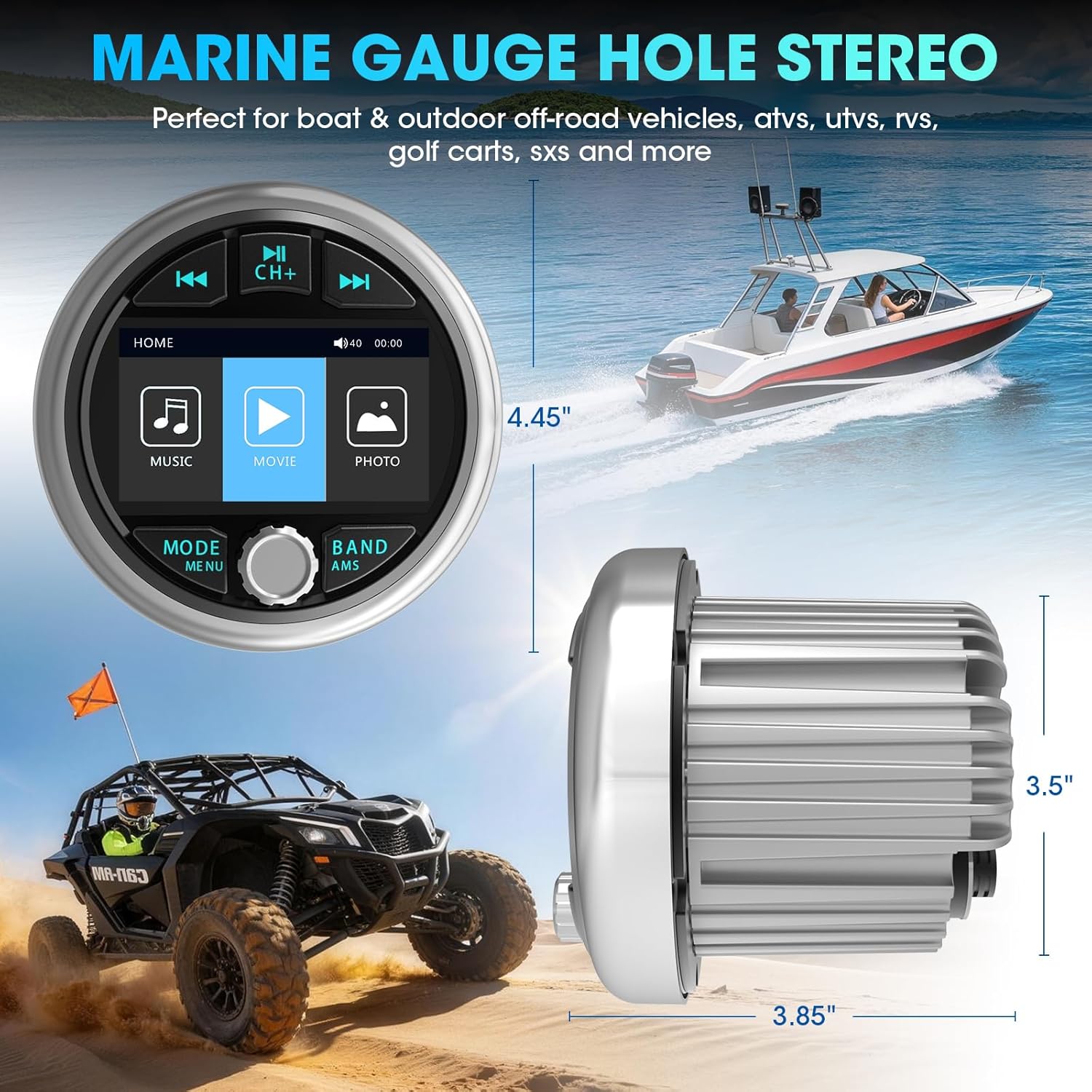 Bluetooth Marine Gauge Stereo System: Waterproof Boat Radio Receiver - 2.8 Inch LCD Display Digital Multimedia MP5 Player AM FM USB AUX Subwoofer 200 Watts Output