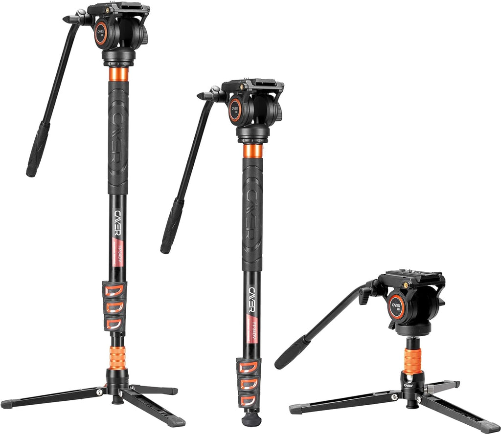 Cayer FP34 Monopod with Feet, 71 inch Aluminum Telescopic Camera Monopod with Fluid Head and 3-Leg Tripod Base for DSLR Video Cameras Camcorders, Supporting up to 13.2 lbs