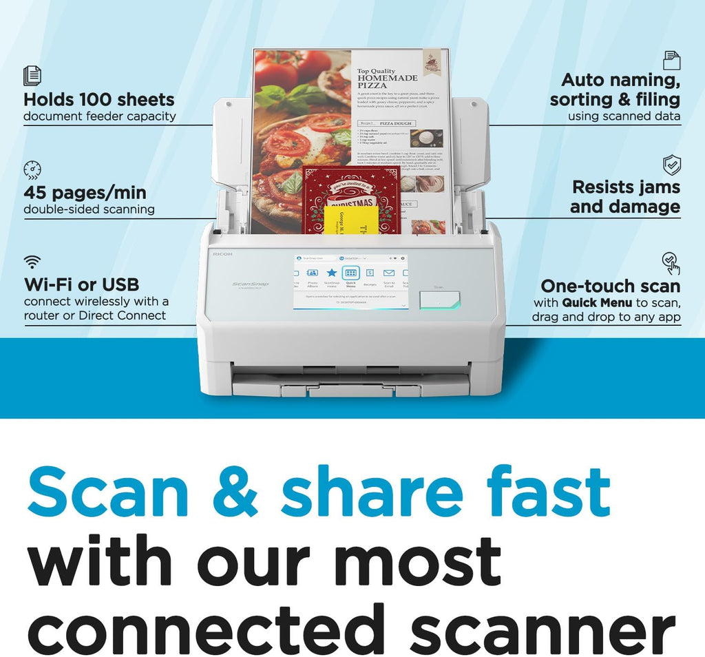ScanSnap iX2500 Wireless or USB High-Speed Cloud Enabled Document, Photo & Receipt Scanner with Large 5" Touchscreen and 100 Page Auto Document Feeder for Mac or PC, White