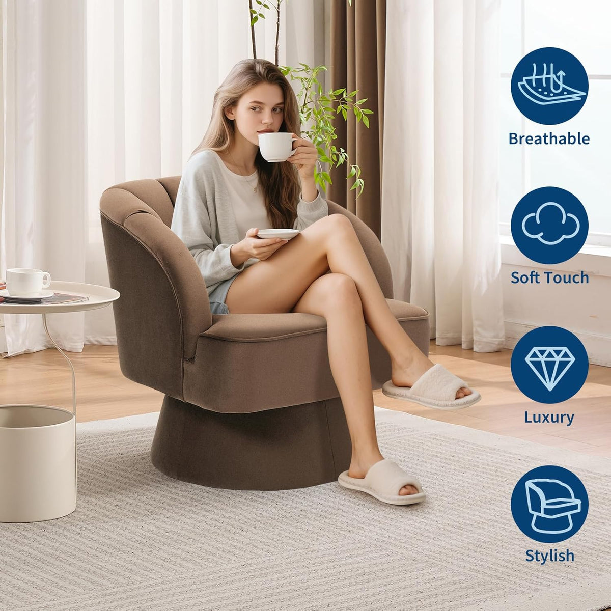 GarveeHome Modern Swivel Barrel Accent Chair, 360 Degree Velvet Upholstered Armchair with Striped Backrest & Plush Padding, Comfy Round Lounge Chair for Living Room, Bedroom, Reading Nook, Brown