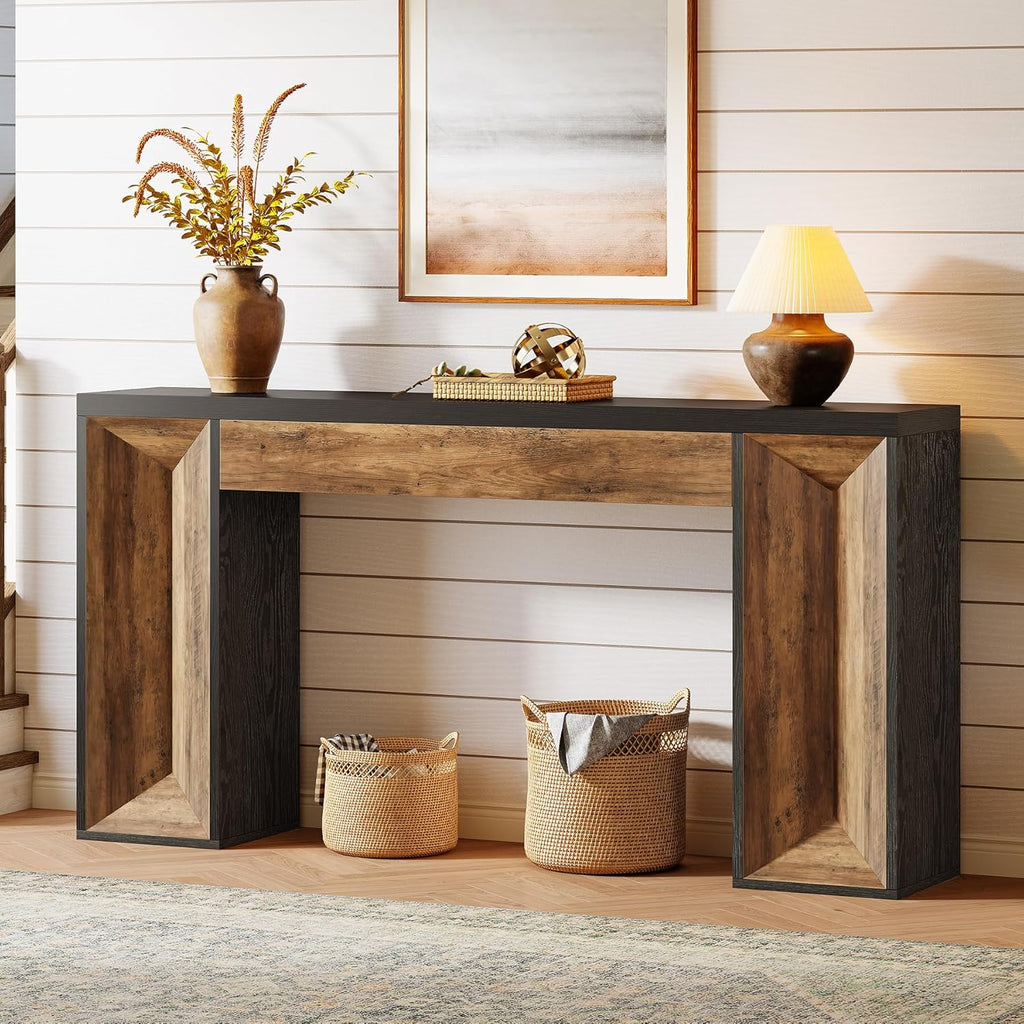 Tribesigns 63-Inch Console Table, Farmhouse Entryway Table with Dual-Tone Design, Rectangular Wood Sofa Table Behind The Couch, Narrow Accent Table for Hallway, Living Room, Foyer, Black and Brown
