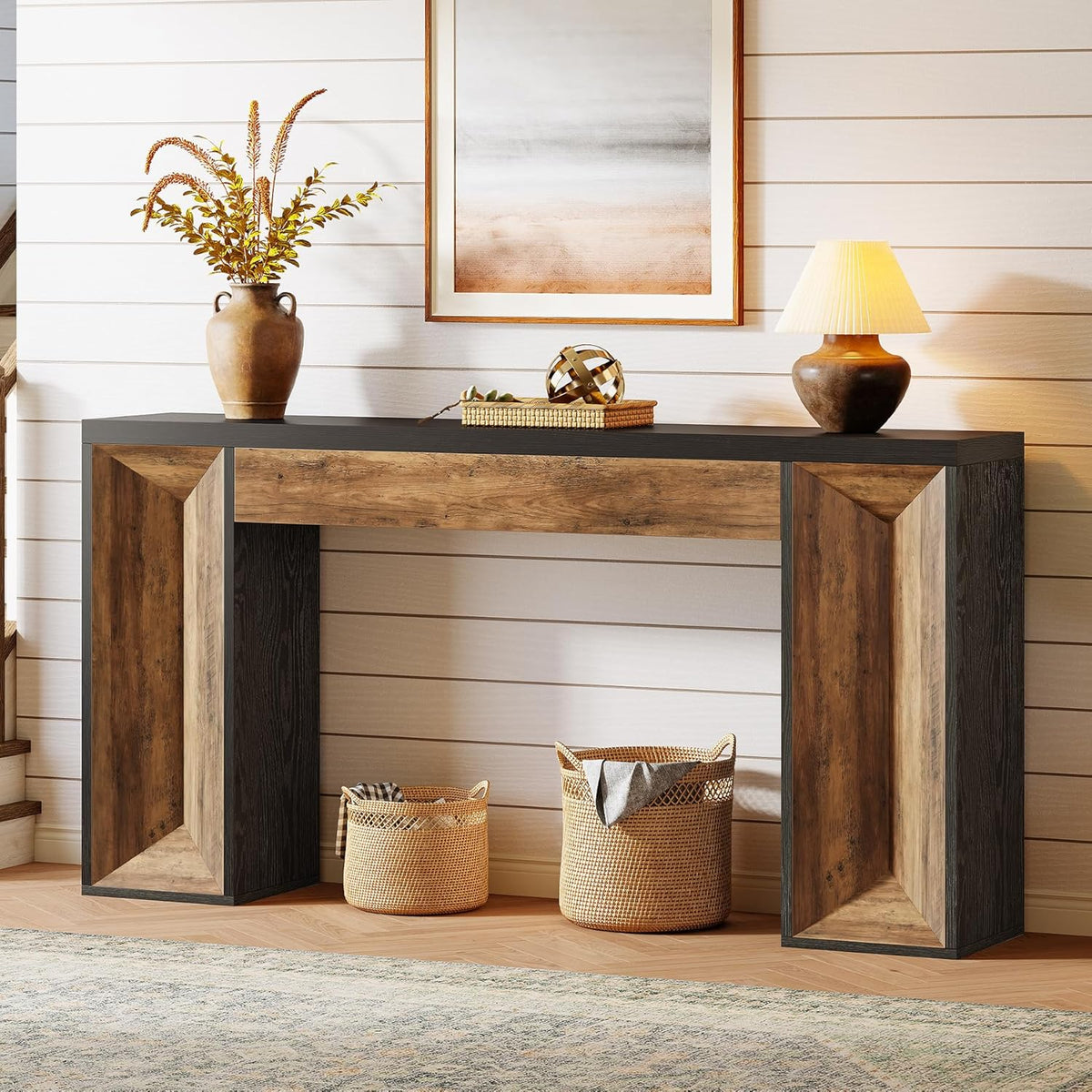 Tribesigns 63-Inch Console Table, Farmhouse Entryway Table with Dual-Tone Design, Rectangular Wood Sofa Table Behind The Couch, Narrow Accent Table for Hallway, Living Room, Foyer, Black and Brown
