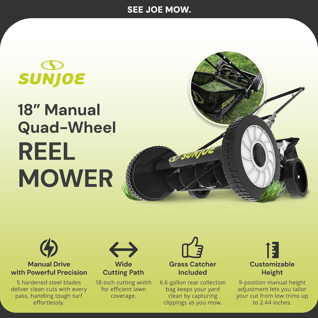 Sun Joe MJ501M w/ 7-Gallon Detachable Grass Catcher, 9-Position Height Adjustment, 5 Steel Blades, Compact Design, 18-Inch Manual, Green/Black
