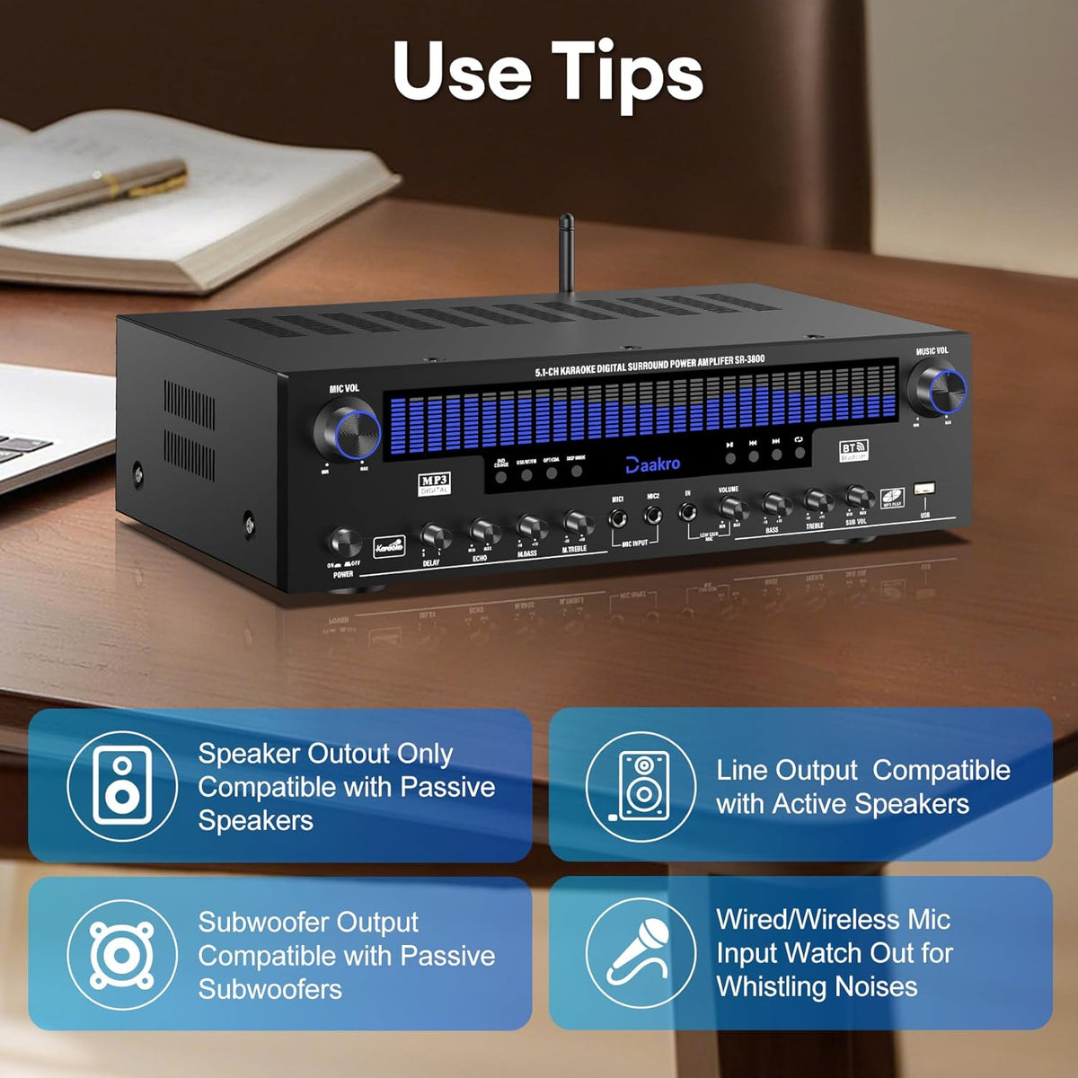 Daakro Stereo Receivers Home Audio Amplifier w/DSP Display,300W Rated Power 5.1 Channel Bluetooth Receiver,Home Amp w/BT/CD/DVD/AUX/USB/BT/FM/Opt/COA/MIC for Home/Studio/Theater Passive Speakers