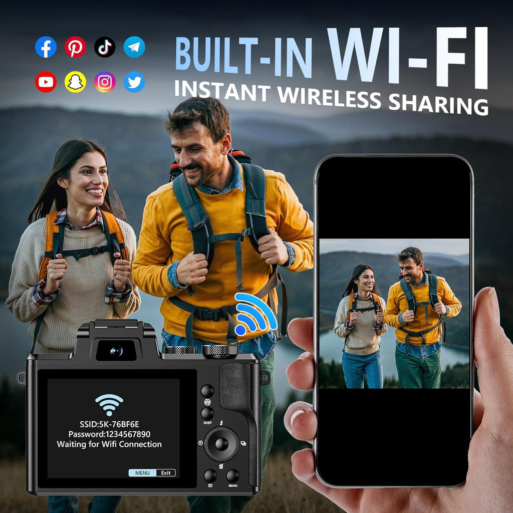 8K Digital Camera, 88MP WiFi Cameras for Photography with 3.2" Touchscreen, 16X Zoom Autofocus Professional Dual Camera, Anti-Shake, 2 Batteries, 64GB Card, Flash, Lens Hood