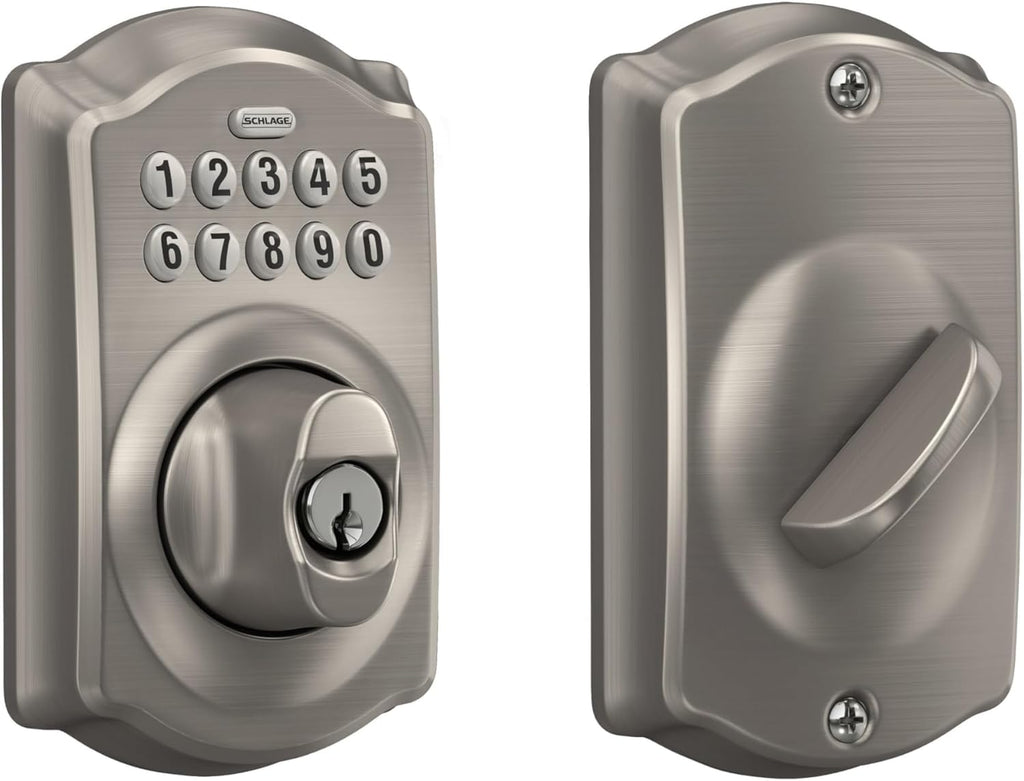 Schlage Camelot Electronic Keypad Deadbolt Lock, Keyless Front Door Entry, Mechanical Key Backup Included, Satin Nickel, BE365 V CAM 619