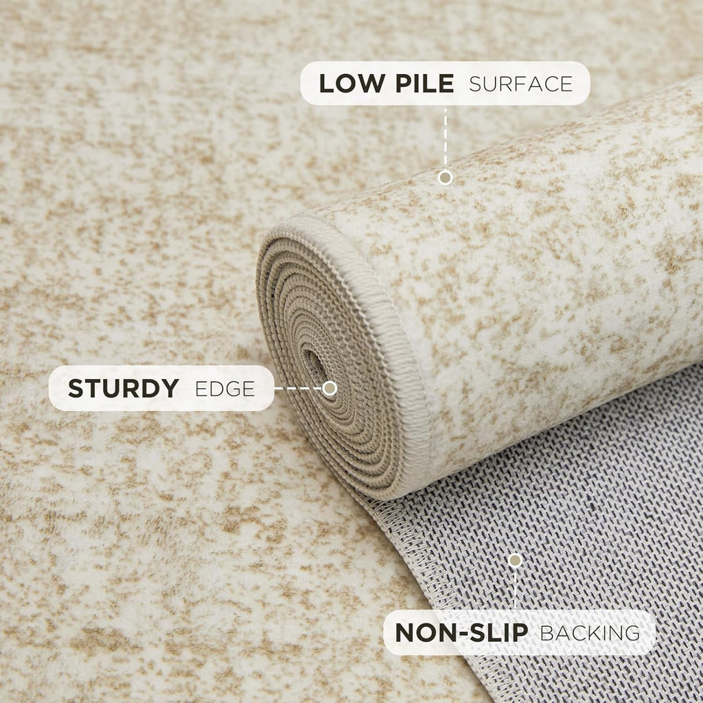Joydeco 10x14 Area Rugs for Living Room, Non Slip Machine Washable Vintage Rug, Low Pile Chenille Print Rugs for Bedroom, Dining Room, Home Office, Pet & Child Friendly, Beige